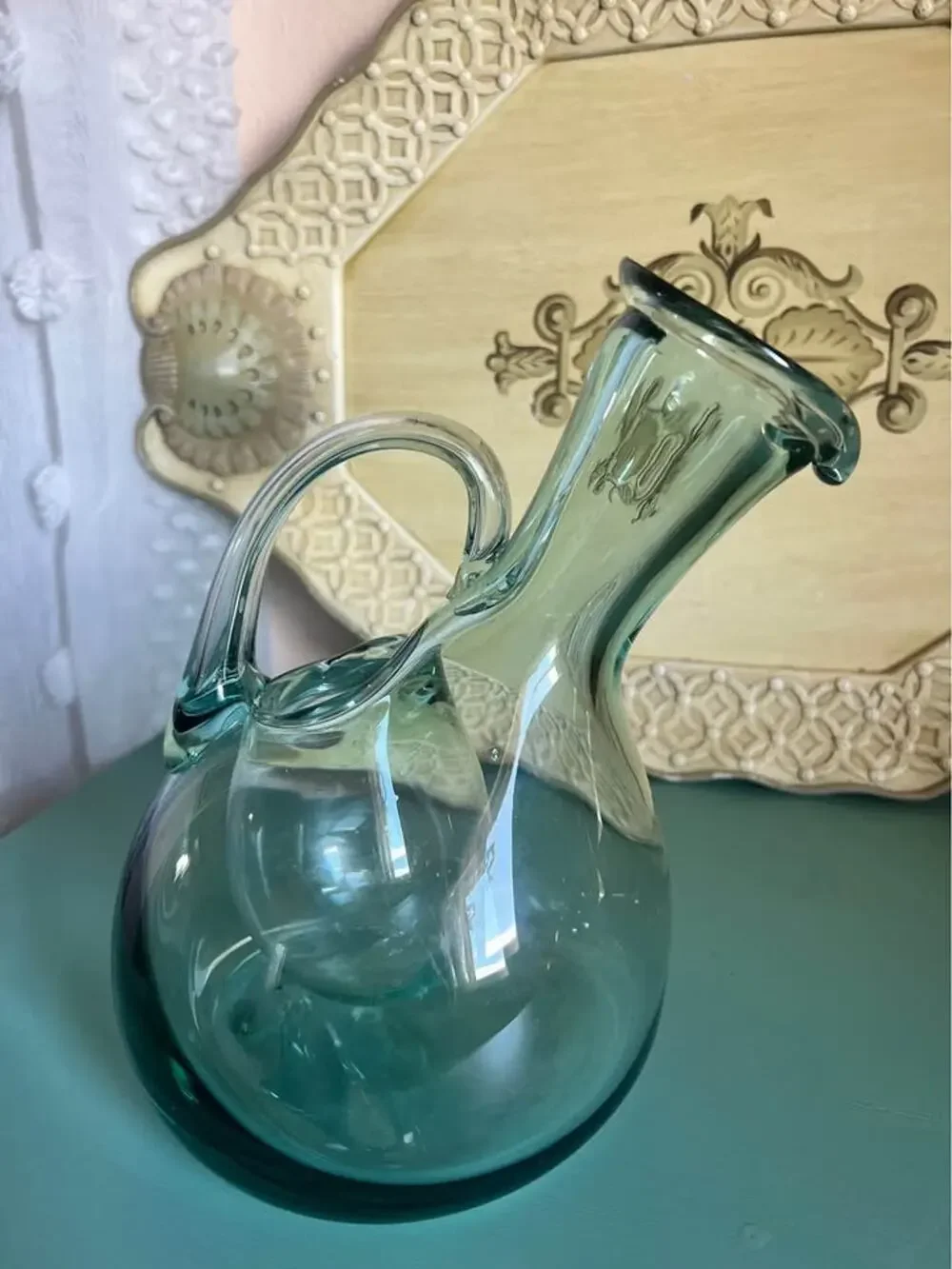 Hand-Blown Teal Glass Wine Decanter with Integrated Ice Chamber